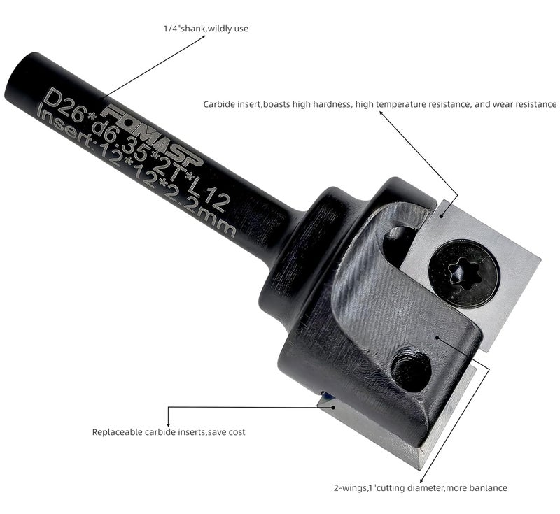 FomaSP CNC Spoilboard Surfacing Router Bit,1/4"(6.35mm) Shank,1"(25.4mm) Cutting Diameter,Slab Flattening Router Bit,Replaceable Carbide Inserts Wood Planer Bit with 2 Wings for Woodworking. - Image 5
